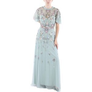 Mac Duggal Womens Green Beaded Mesh Ruffled Neck Evening Dress NWOT